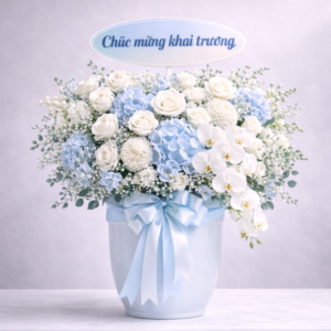 chậu hoa khai trương xanh trắng