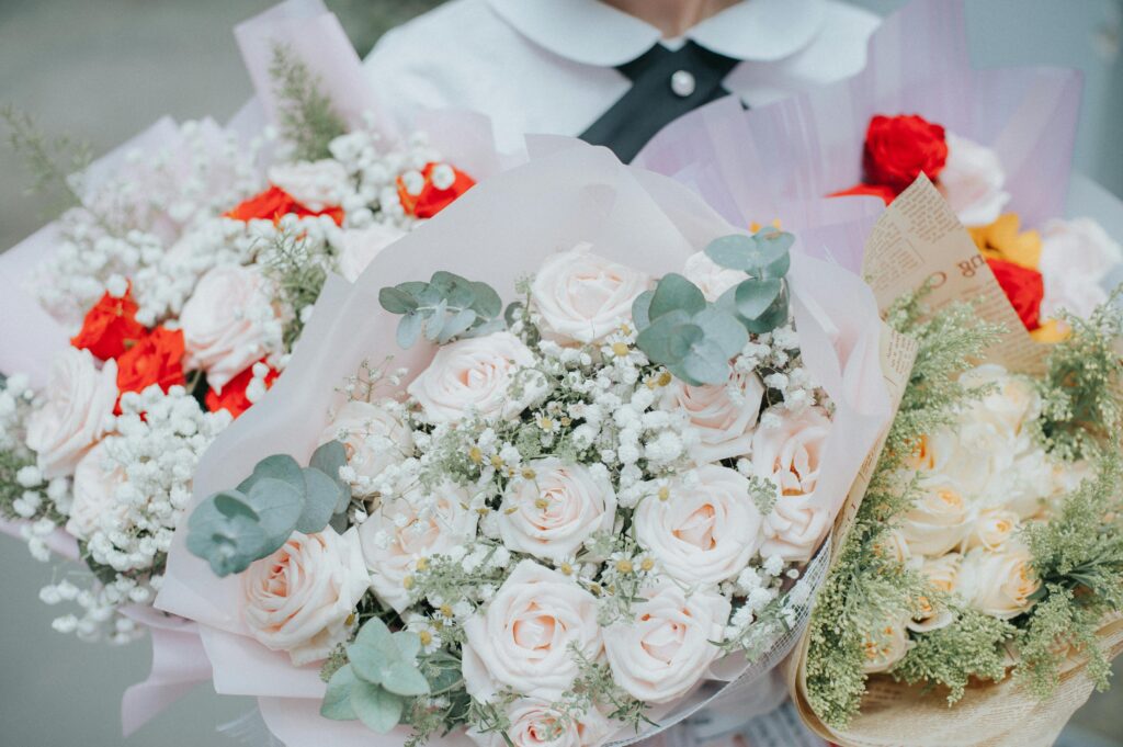 Beautiful rose and baby's breath bouquets perfect for weddings and celebrations.