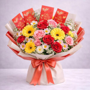bó hoa chúc mừng kèm lì xì